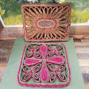 Vintage folk raffia trivets | pair woven straw | floral & sunburst | handmade