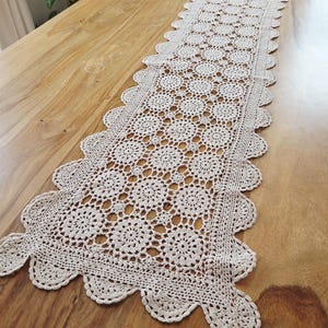 May include: A cream-colored, crocheted table runner with a scalloped edge. The openwork design features repeating floral patterns. The runner is displayed on a wooden table, showcasing its texture and detail.