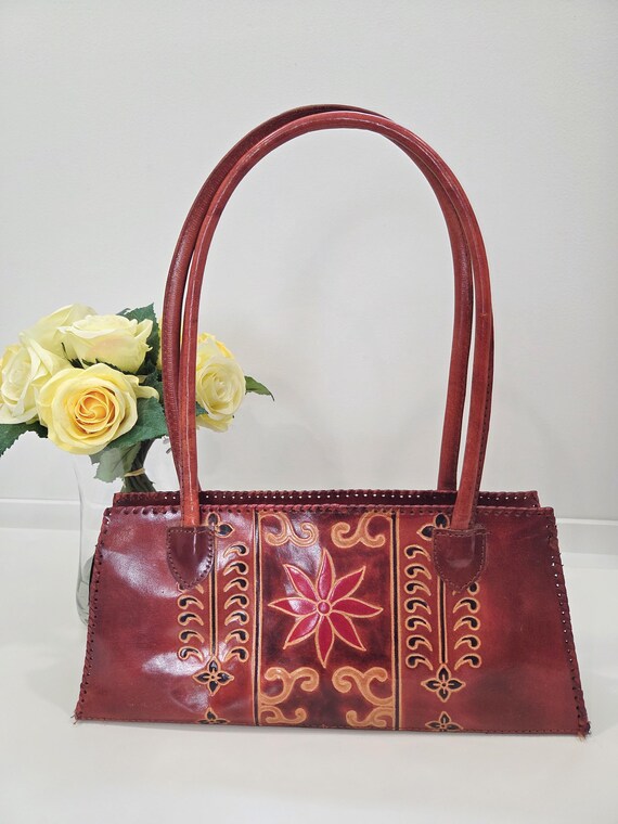 Vintage ALDO Leather Handbag | Made in India | Embossed Artisan Leather | Long Handles | Brown‑Red, Cognac | 1990s–2000s