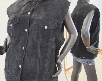 Vintage western suede vest | Curzo Leathers Canada | unisex biker black | snap front | size L