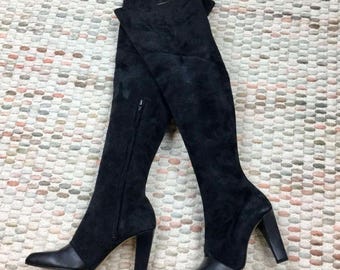 Stivali alti fino alla coscia vintage Escada – Pelle e camoscio neri, realizzati in Italia