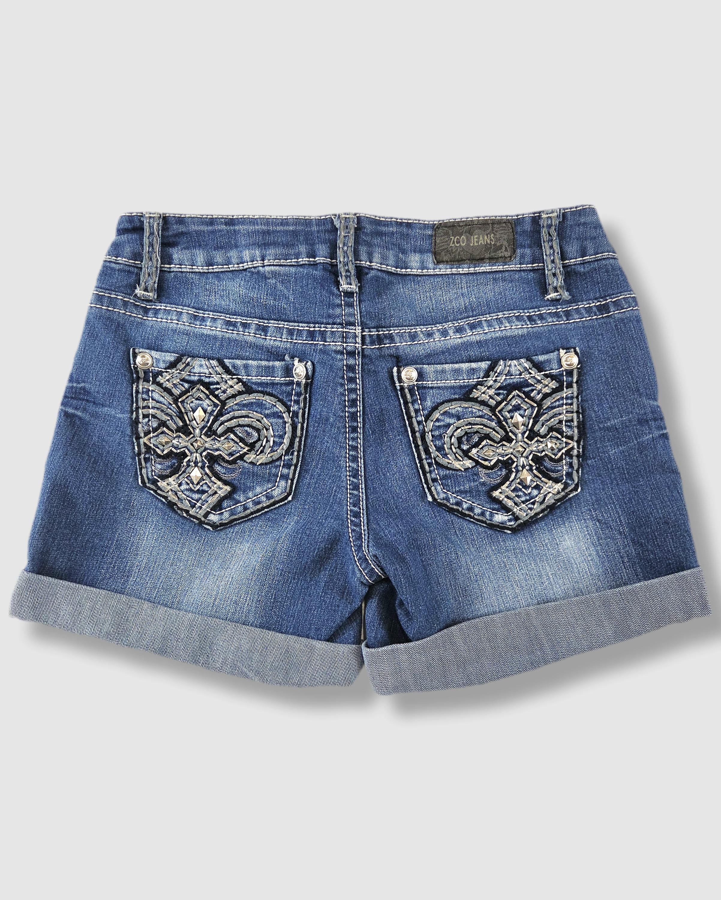 Y2K bling denim shorts ZCO Jeans low rise embroidered pockets 15" low waist, size 5