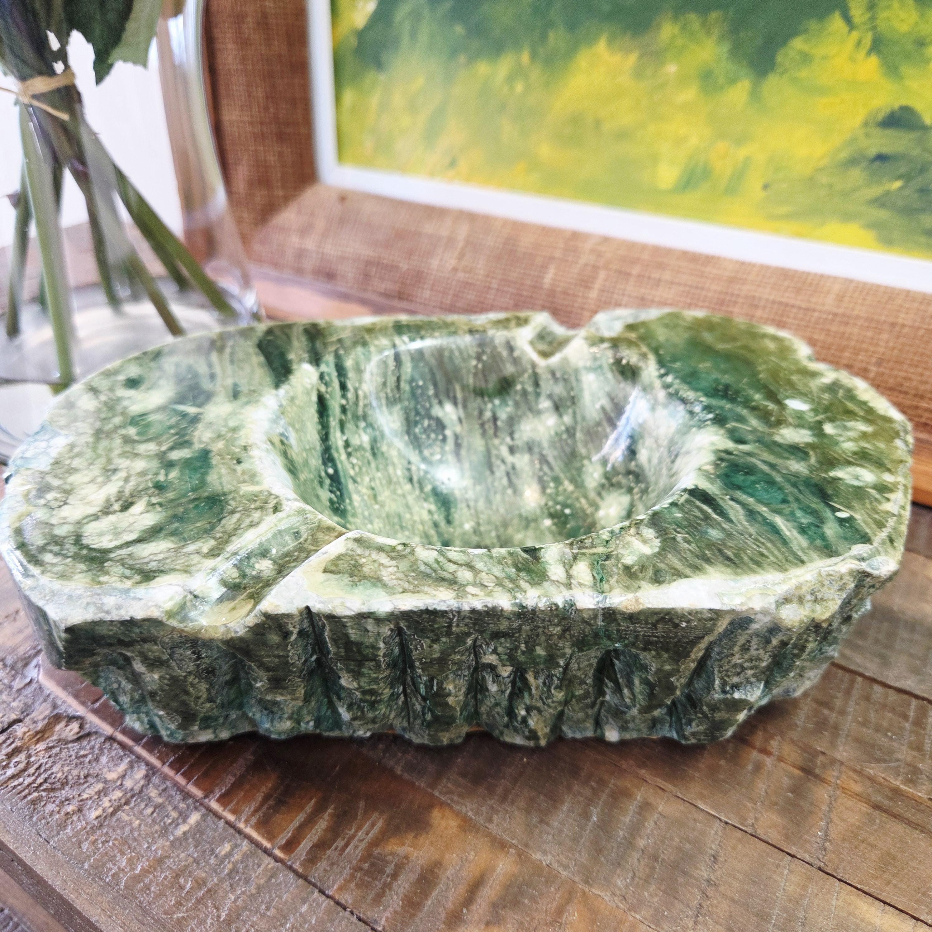 Vintage MCM Marble Stone Ashtray | Green Carved Serpentine Bowl