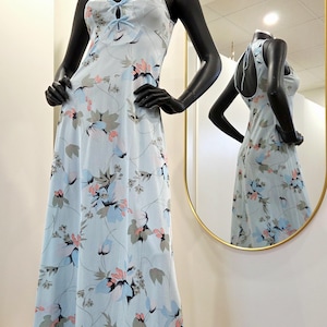 Vintage 70s lingerie gown | APA Creations Alepin | blue nylon floral, open back | fairycore, size S