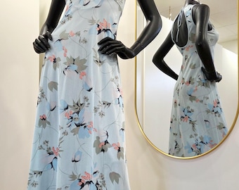 Vintage fairycore lingerie gown 90s | APA Creations Alepin | blue nylon floral | open back | size S