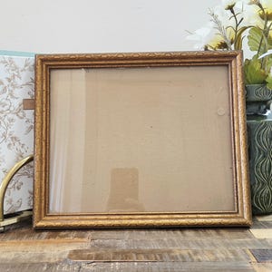 May include: A rectangular picture frame with a metallic gold finish and a textured, repeating oval pattern along the border. The frame features a clear glass front and a plain, light brown backing board visible through the glass.