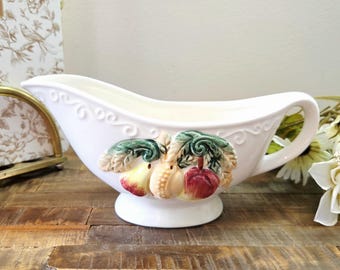 Salsiera vintage in stile cottagecore taiwanese | ceramica con decorazione di frutta in rilievo | bianca in rilievo | motivo grannycore | 10,8 cm x 22,9 cm