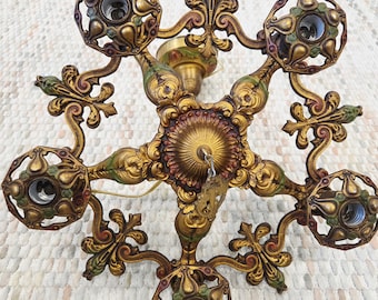 Vintage baroque antique chandelier | 5‑arm cast metal fleur‑de‑lis | 18" x 24" | art deco 1920s–30s, tested working