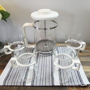 Vintage Bodum French Press & 4 Glass Cups – Made in Denmark – 1980s Scandinavian Coffee Set – White Handles