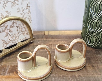 Portavelas de cerámica vintage | Juego minimalista | Tonos tierra naturales | 7,6 cm x 6,3 cm | Decoración orgánica de los años 70