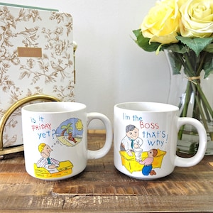 Vintage Office Humor Mug | "Is it Friday yet?" or "I'm the Boss" | Retro 80s Cartoon Style | Coworker Gift | Sold Individually or as a Set