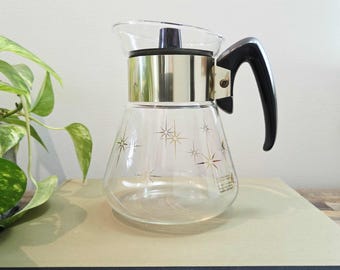 Cafetera de estilo vintage MCM | Corning Atomic Starburst, 4 tazas | Cristal negro y dorado, década de 1960