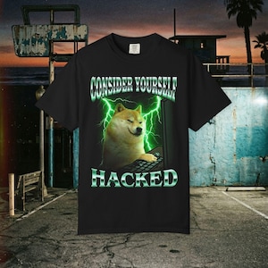 May include: A black short-sleeve t-shirt featuring a graphic of a Shiba Inu dog sitting at a computer. The text "CONSIDER YOURSELF" appears above the dog and "HACKED" below, with bright green lightning bolts surrounding the computer screen.