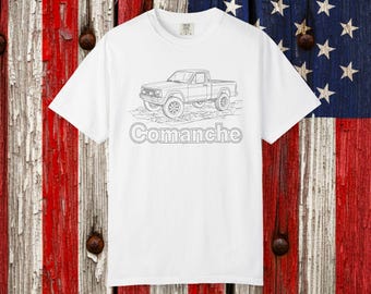 Camiseta blanca con estampado de líneas de la camioneta todoterreno Comanche MJ Pickup 4x4 modificada.