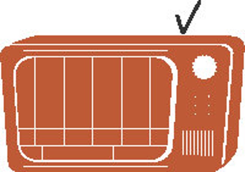 May include: A vintage-style, brown television set with a white screen and a black checkmark on the antenna.