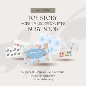 May include: A Toy Story themed busy book for ages 4-5, featuring 15 pages of interactive activities. The set includes a cover page with character illustrations, a counting sheet, letter cards, and a color-coded crayon worksheet for learning.