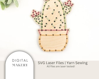 Puede incluir: Un recorte de madera de un cactus en una maceta con bordado de hilo. El cactus es verde con flores rosas y la maceta es marrón con costuras amarillas y rosas. El texto "SVG Laser Files | Yarn Sewing" y "All files are laser tested!" está debajo de la imagen.