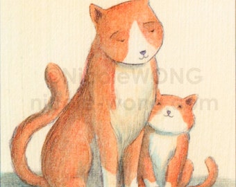 Original ACEO Drawing and Painting -- Mom & Kitten