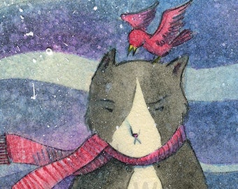 Original ACEO Drawing and Painting -- Grumpy Winter
