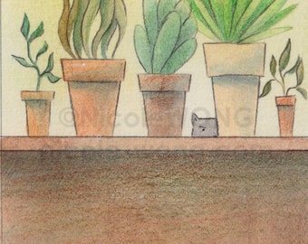 Original ACEO Drawing and Painting -- Cat with Plants