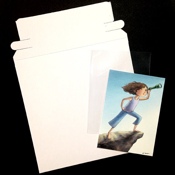 girl telescope adventure children art ACEO archival PRINT Little Explorer