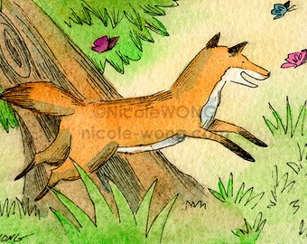 ACEO Watercolor Painting and Ink Drawing Art Print -- Little Fox Chasing Butterflies