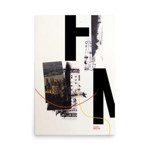 Póster de sintetizador modular FM / modulación de frecuencia: impresión de collage abstracto con cables de conexión, arte de música electrónica.