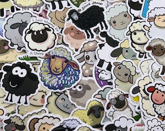 May include: A collection of colorful sheep stickers with various designs. Some stickers feature text like "Black Sheep" and "I Just Wanna Be A Sheep." The stickers showcase sheep with different expressions and colors, including black, white, and shades of brown and yellow.