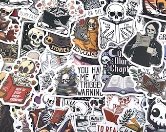 Skeleton Book Lover Sticker Pack • Dark Academia Reading Stickers • Gothic Bookish Vinyl Stickers • Grim Reaper, Skulls, Books