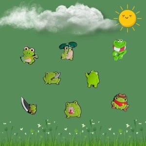 May include: A set of nine frog-themed charms, each with a different design. The charms are made of green, red, and yellow rubber and feature details like a guitar, a knife, a cowboy hat, and a cup of coffee.