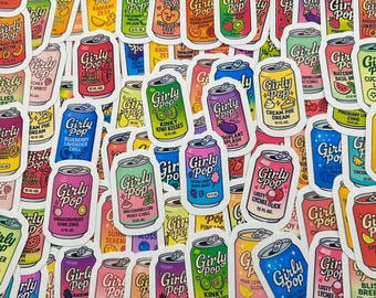 May include: A collection of colorful "Girly Pop" stickers, each featuring a stylized soda can design with various fruit-flavored names like "Kinky Kiwi Kisses" and "Lusty Lychee Ulick". The stickers are in a variety of colors, including pink, blue, green, and yellow.