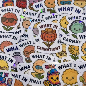 May include: A collection of colorful stickers featuring cartoon carnation flowers with various accessories like sunglasses and cowboy hats. Each sticker has the text "WHAT IN CARNATION?" in a white font.