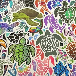 May include: A collection of colorful turtle stickers with various designs, including a sticker that says "No More Plastic Please".