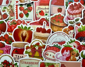 Strawberry Aesthetic Sticker Pack | Cute Kawaii Fruit Stickers | Scrapbook & Journal Decor | Cottagecore Planner Stickers | Red Theme