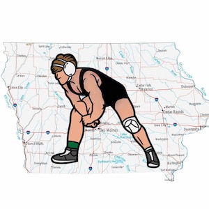 May include: A black and white illustration of a wrestler in a black singlet with green and white shoes. The wrestler is in a wrestling stance with one leg bent and the other leg straight. The illustration is superimposed on a map of the state of Iowa.