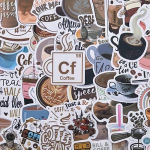May include: A collection of coffee-themed stickers with various designs. The stickers feature coffee cups, coffee beans, and text like "Coffee," "Pour Me," and "A Hug in a Mug." Colors include brown, white, blue, and pink.