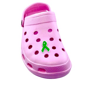 May include: A light pink clog shoe with a green ribbon charm. The shoe has multiple ventilation holes and a pivoting heel strap. The green ribbon charm is centered on the top of the shoe.