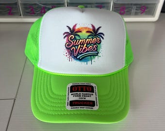 Neon Green “Summer Vibes” Trucker Hat  – Beach, Pool, Summer, Vacation, Spring Break