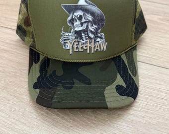 Yeehaw Trucker Hat– Camo– Mesh Back Adjustable Hat –  Festivals, Spring Break, Summer, Concerts, Rodeo, Country, Western