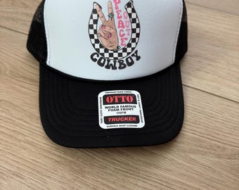 Peace Out Cowboy Trucker Hat– Black and White–Mesh Back Adjustable Hat –  Festivals, Spring Break, Summer, Concerts, Rodeo, Country, Western