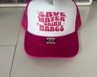 Hot Pink “Save Water Drink Margs” Trucker Hat  – Beach, Pool, Summer, Vacation, Spring Break