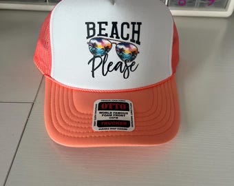 Beach Please  Trucker Hat–  Coral  – Mesh Back Adjustable Hat –  Beach, Spring Break, Summer
