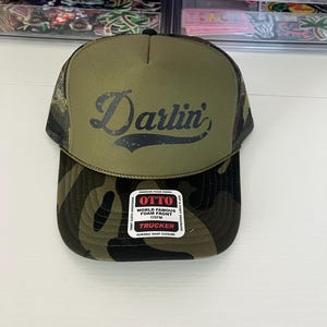 Darlin Trucker Hat– Camo– Mesh Back Adjustable Hat –  Festivals, Spring Break, Summer, Concerts, Rodeo, Country, Western