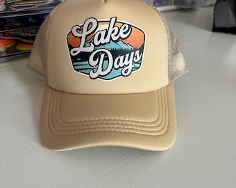 Lake Days Trucker Hat – Vintage Sunset Patch – Mesh Back Adjustable Hat – Outdoor Adventure Cap – Summer Lake Life