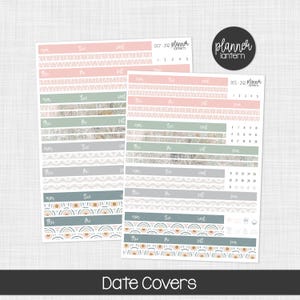 May include: Two sheets of planner stickers with various designs, including geometric patterns, rainbows, and floral accents. The stickers feature pastel colors like pink, green, and gray. The text "Date Covers" is at the bottom.