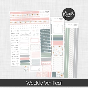 May include: A collection of planner stickers in pastel colors, including pink, green, and gray. The stickers feature decorative elements, calendar dates, and labels for various tasks. The text "Weekly Vertical" is visible.