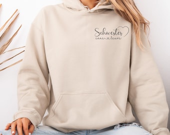 Personalisierter Hoodie Schwesterherz mit Namen, Pocket Design, Custom Sweatshirt, Geschenk für Schwestern, Personalisiertes Geschenk