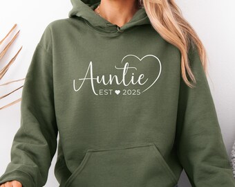 Personalisierter Hoodie Auntie mit Geburtsjahr, Custom Shirt, Geschenk für neue Tanten, Geschenk für Tante, Bekanntgabe Schwangerschaft