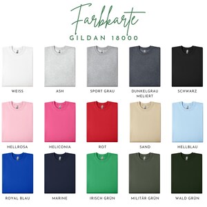 May include: A color chart for Gildan 18000 sweatshirts, showcasing various colors. The chart includes white, gray, black, pink, red, blue, green, and beige options. The text "Farbkarte" and "GILDAN 18000" are displayed at the top.
