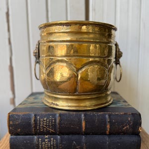 May include: A polished brass bucket with a hammered texture, featuring a scalloped base design and two side handles shaped like lion heads with attached rings. The bucket rests on two stacked dark-colored books with visible text on the spines.
